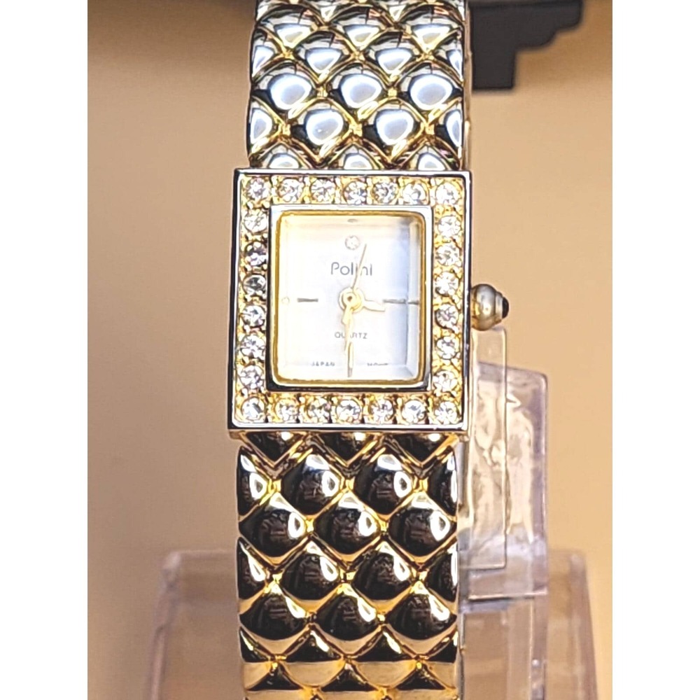Vtg POLINI Women's Tank Watch Crystal Accents Nugget Band Gold Plate